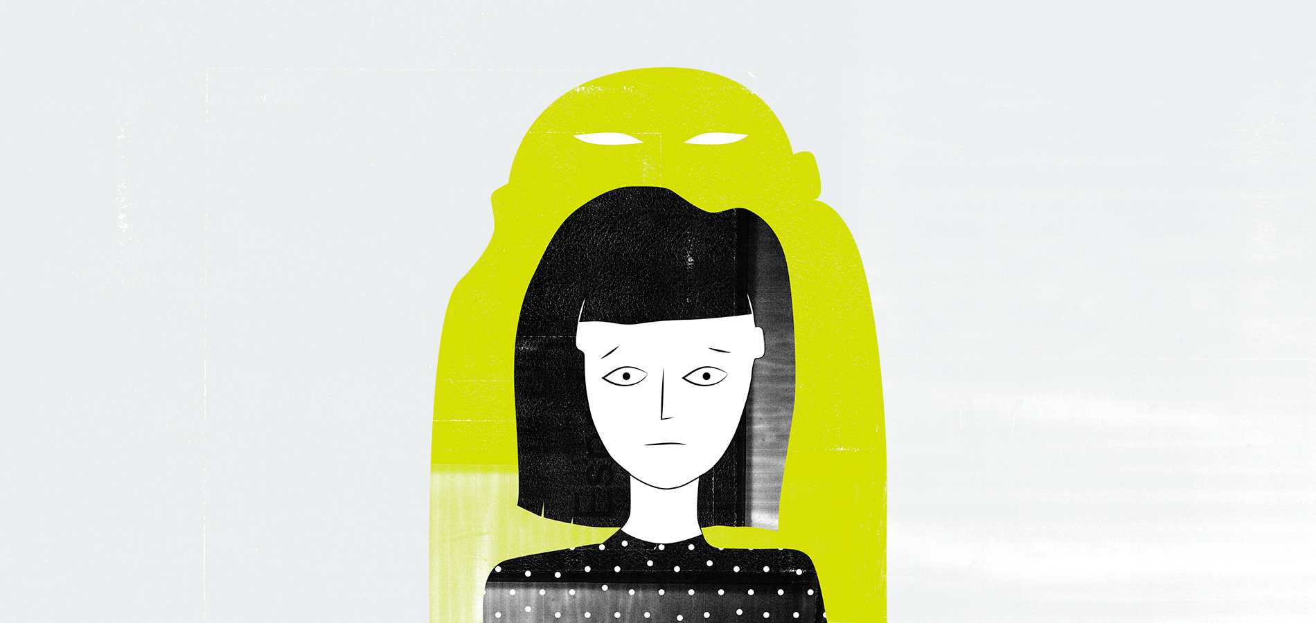 Illustration of a female figure with, behind her, the shadow of a larger, taller figure with half-closed eyes.